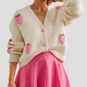 Women's chunky knit strawberry button up cardigan