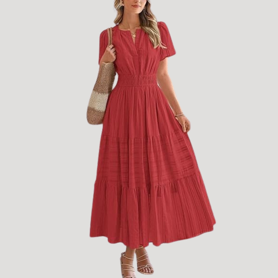 Women’s short sleeve smocked tiered maxi dress