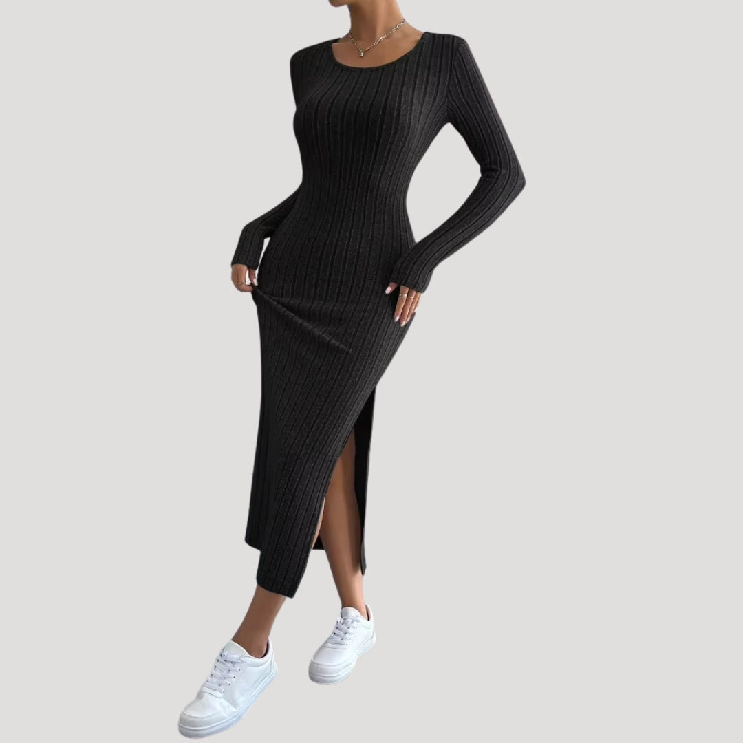 Ribbed knit long sleeve midi dress