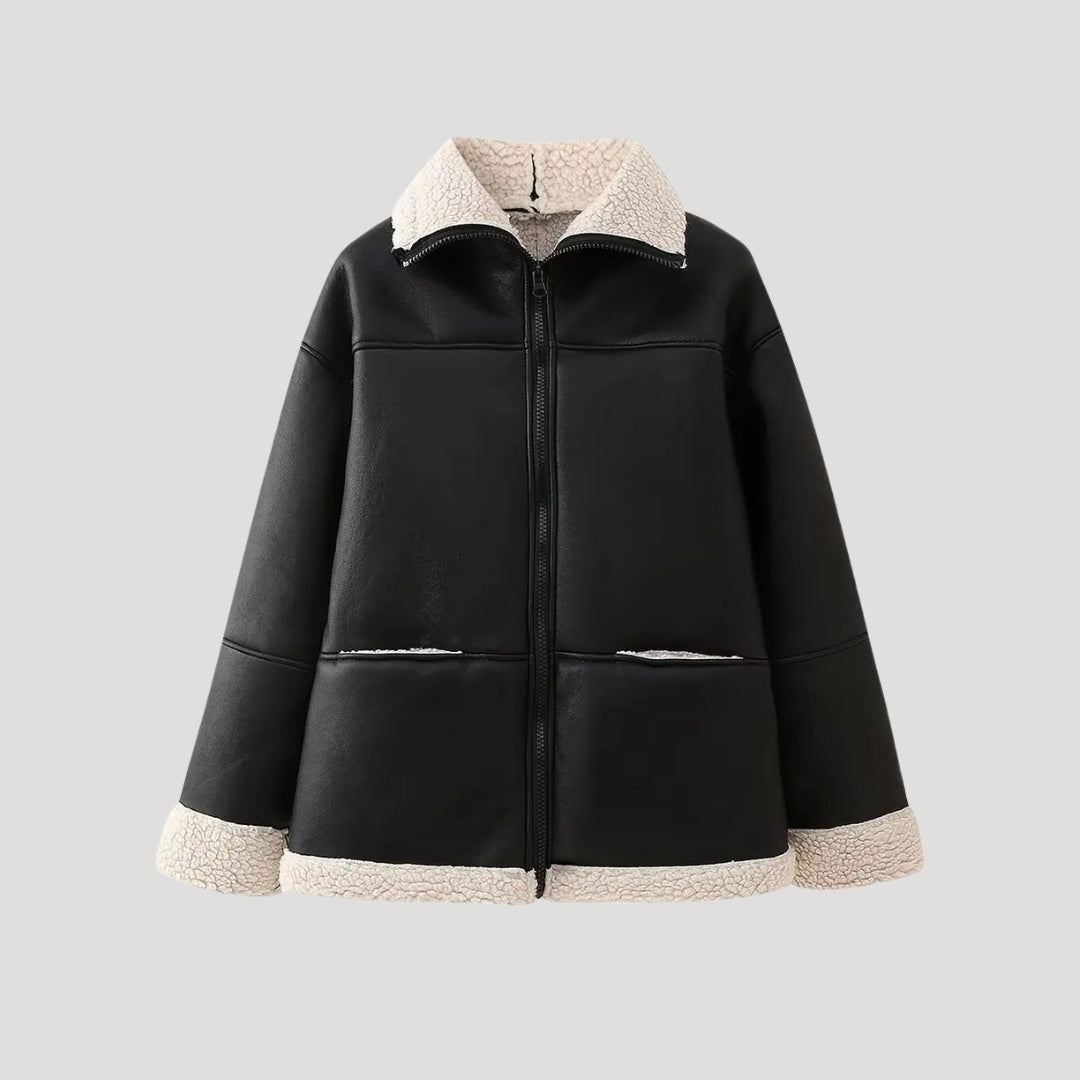 Women faux leather shearling jacket