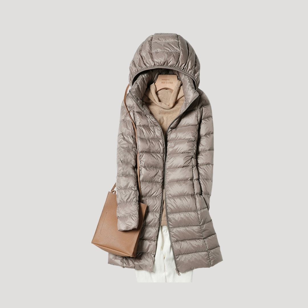 Women’s long padded winter puffer jacket with hood