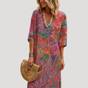 Women’s printed v neck short sleeve midi dress