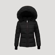 Women short puffer jacket with fur hood