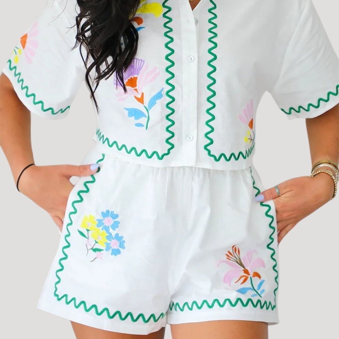 Embroidered linen crop shirt and shorts set