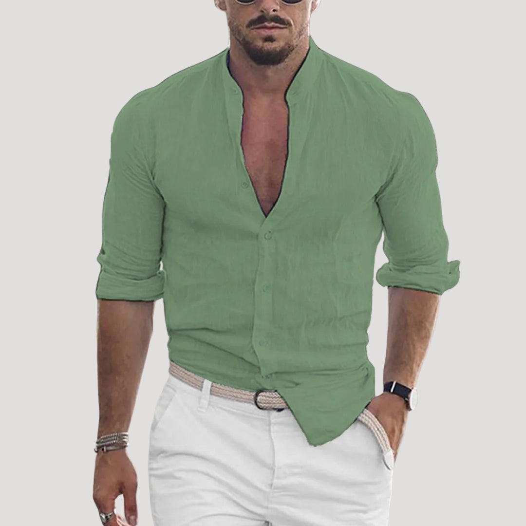 Men’s linen long sleeve mandarin collar shirt