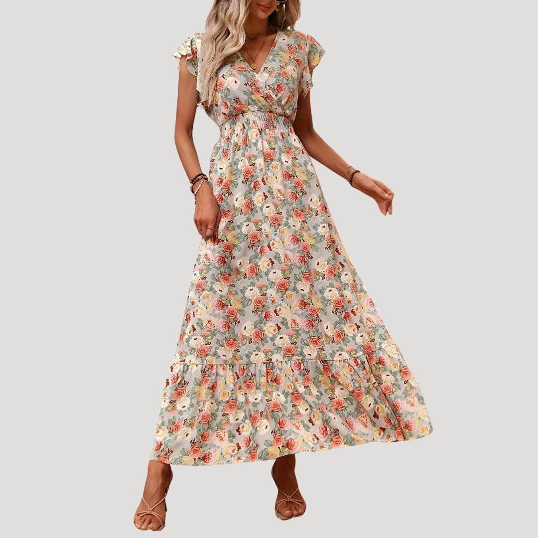 Women’s flutter sleeve v neck tiered maxi dress