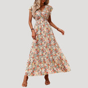 Women’s flutter sleeve v neck tiered maxi dress