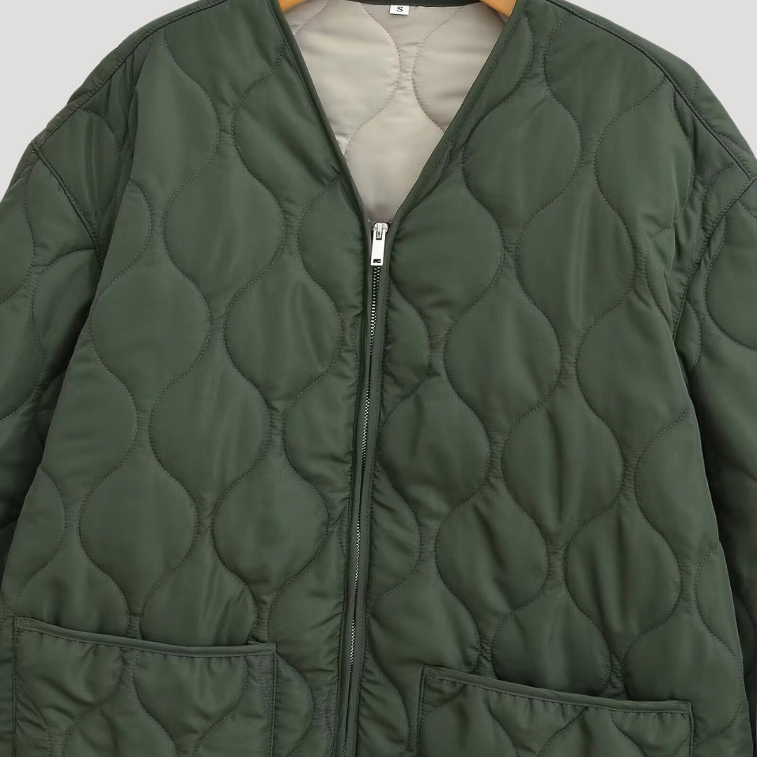 Women’s quilted oversized green fleece zip up jacket