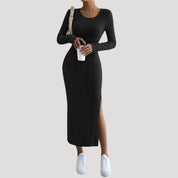 Ribbed knit long sleeve midi dress