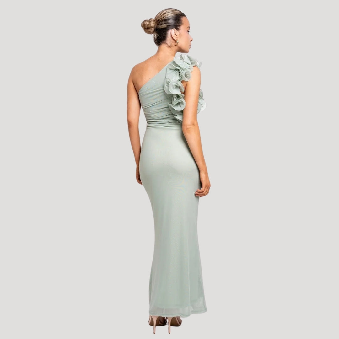 Women's one shoulder ruffle maxi wedding guest dress