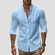Men’s linen grandad collar long sleeve shirt