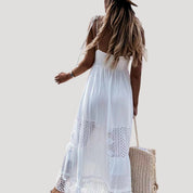 Women’s white lace crochet tiered maxi dress