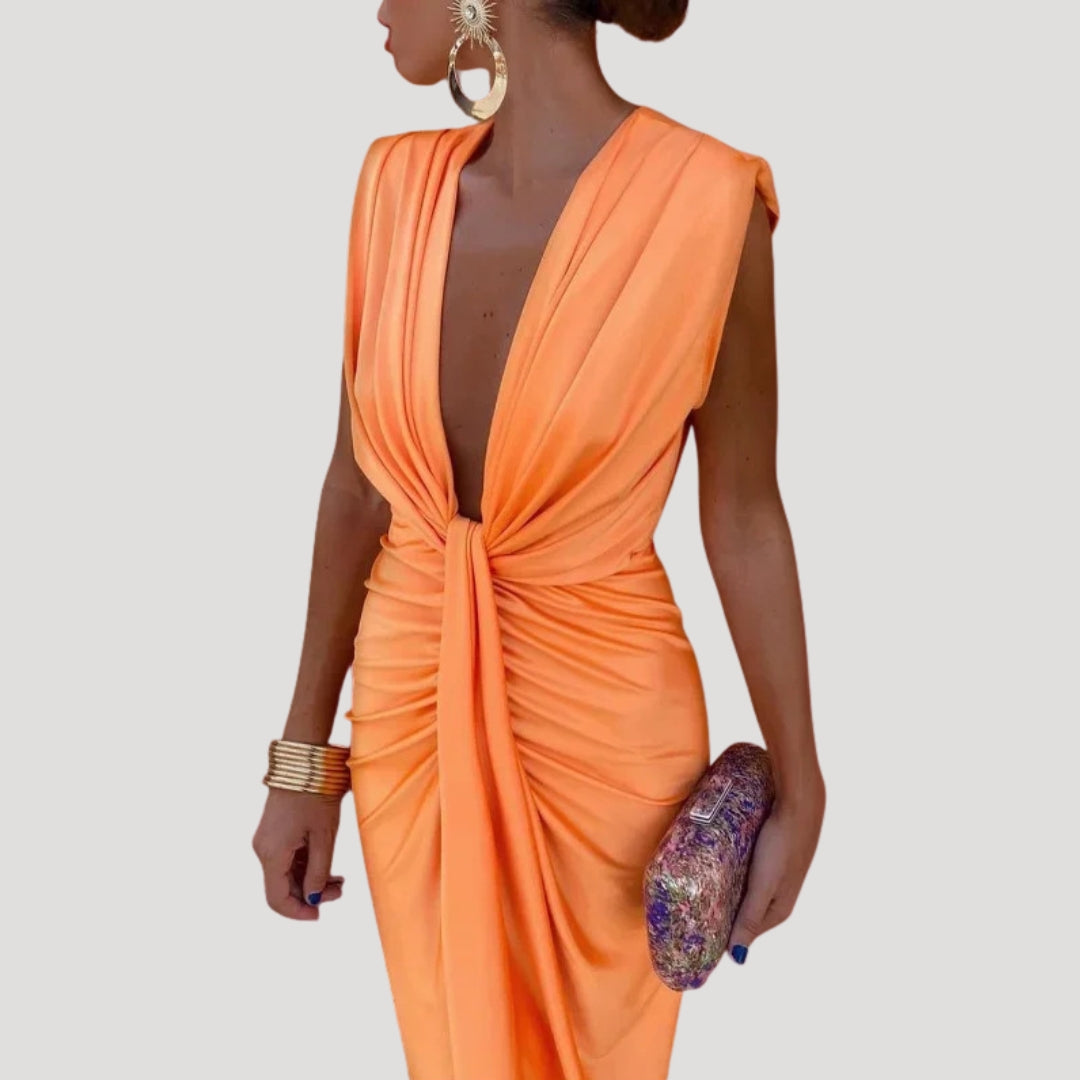 Women’s ruched draped v neck midi dress