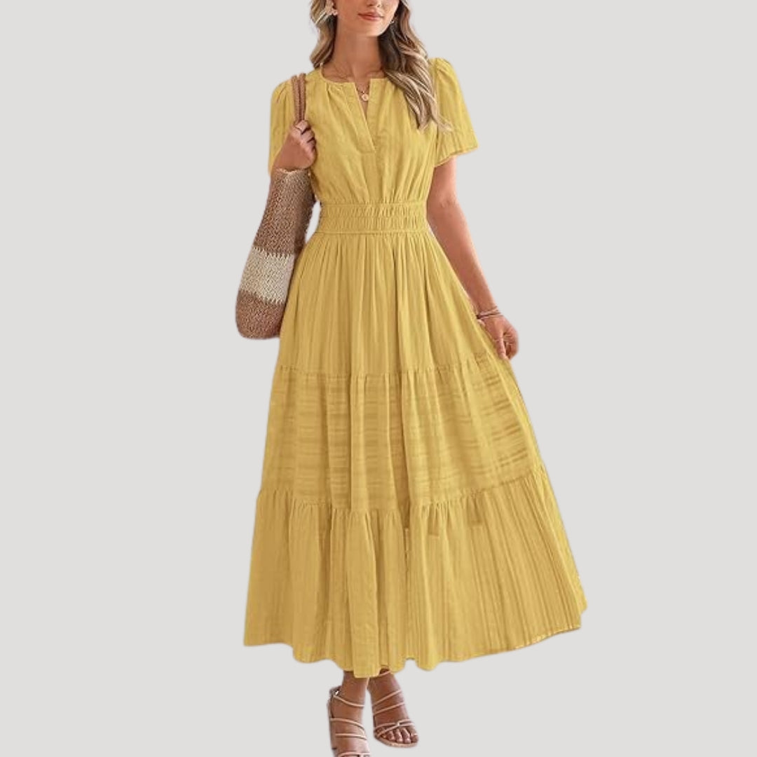Women’s short sleeve smocked tiered maxi dress