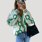 Women’s chunky knit oversized graphic button up cardigan