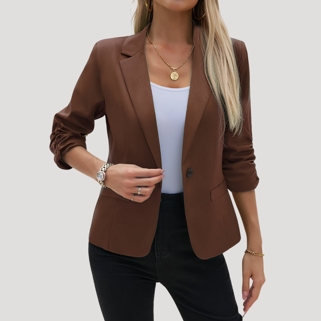 Single-button ruched sleeve blazer