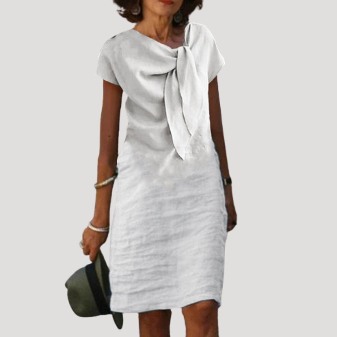 Women’s linen tie neck short sleeve midi dress