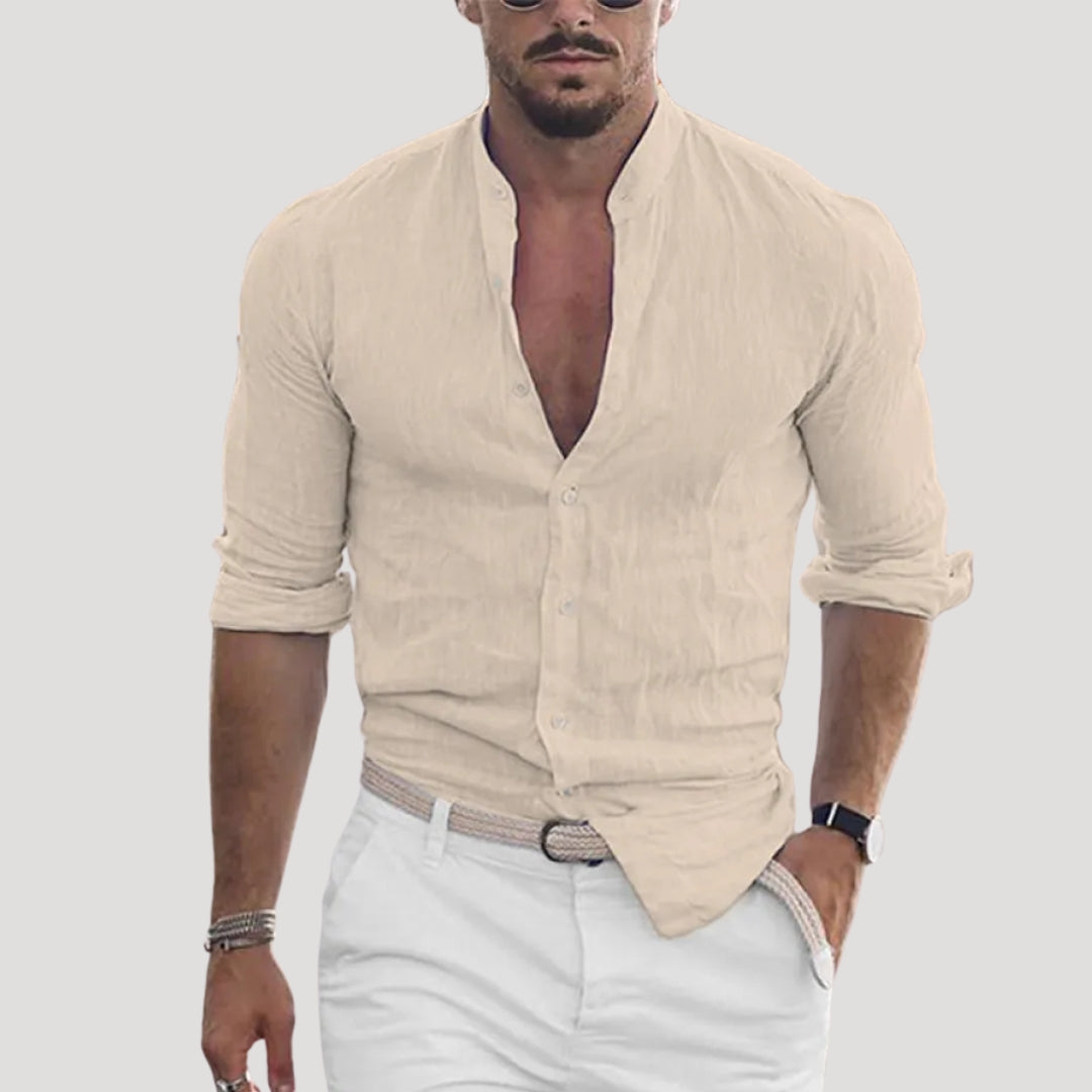 Men’s linen long sleeve mandarin collar shirt