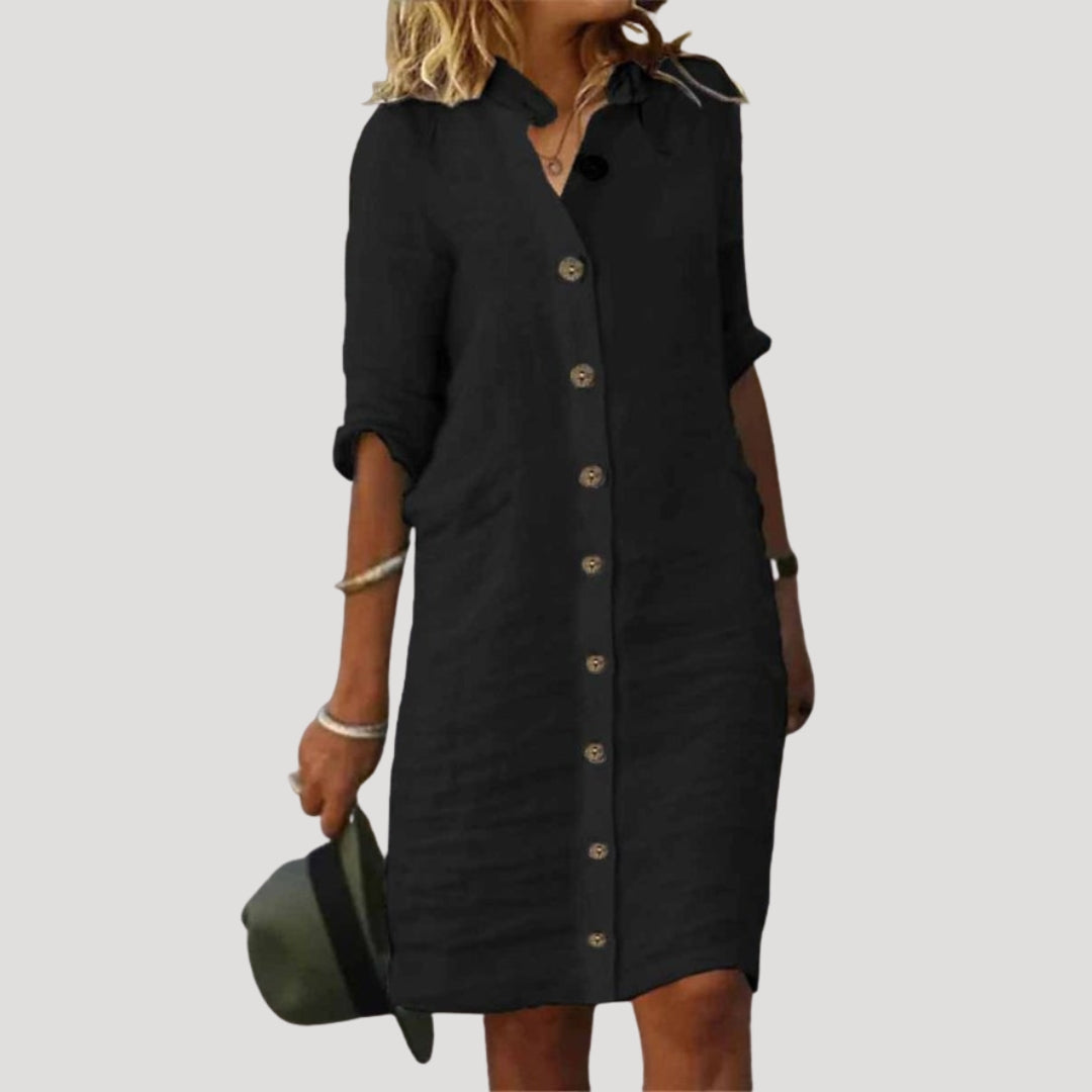 Women’s linen long sleeve button knee length shirt dress