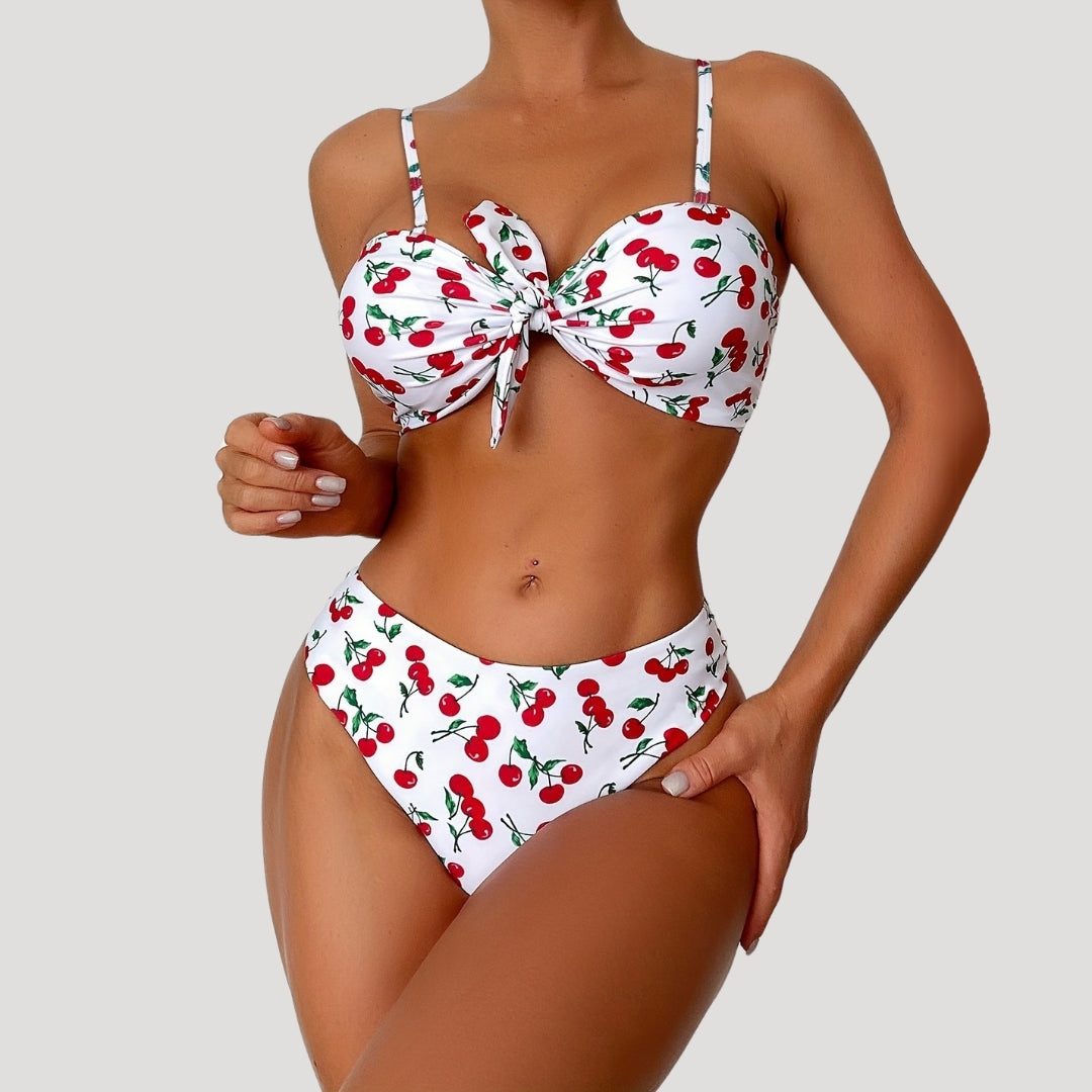 Cherry print high-waist bikini set