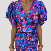 Women’s puff sleeve ruched v neck midi dress