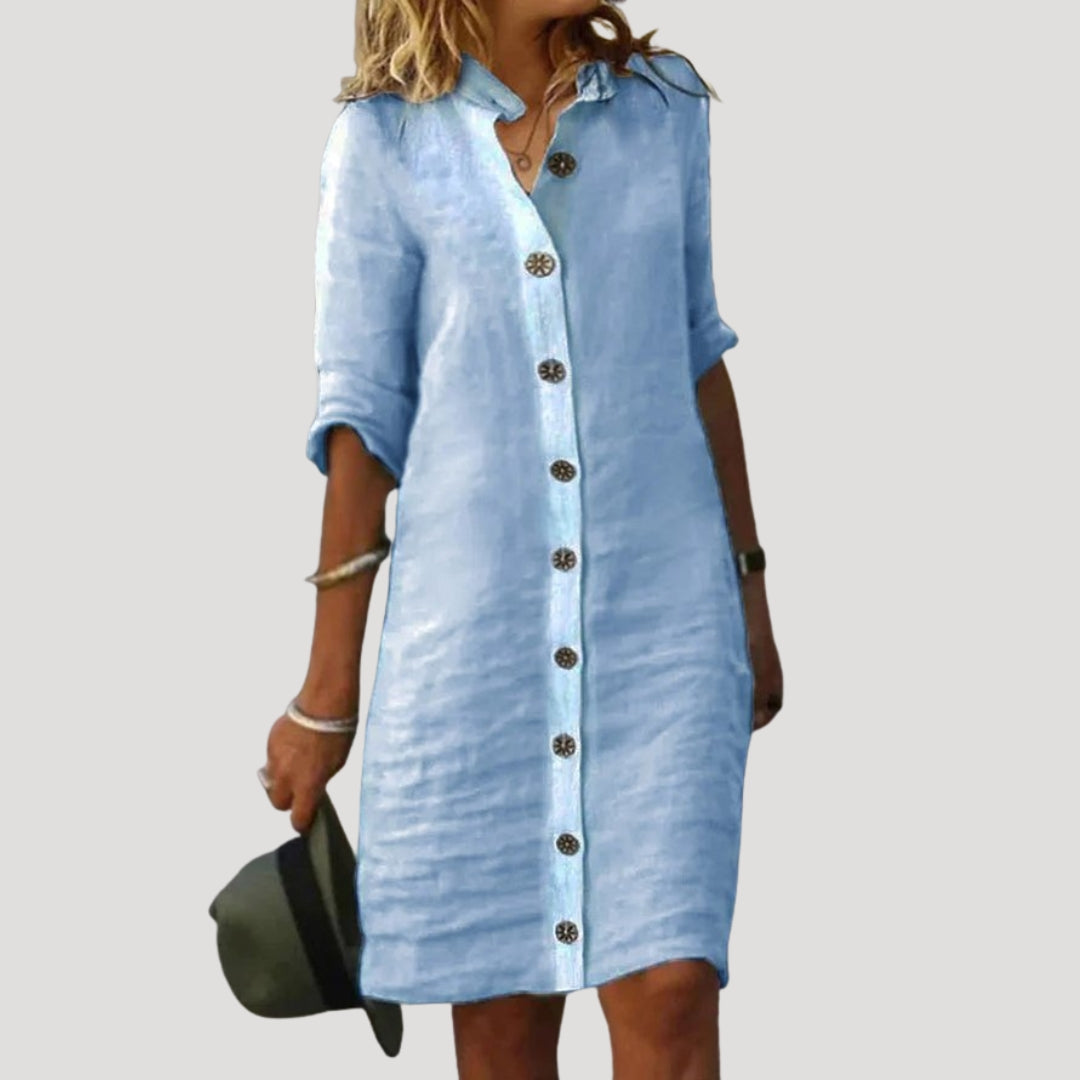 Women’s linen long sleeve button knee length shirt dress