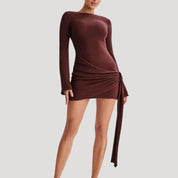 Long sleeve asymmetric ruched mini dress