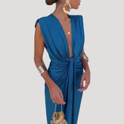 Women’s ruched draped v neck midi dress