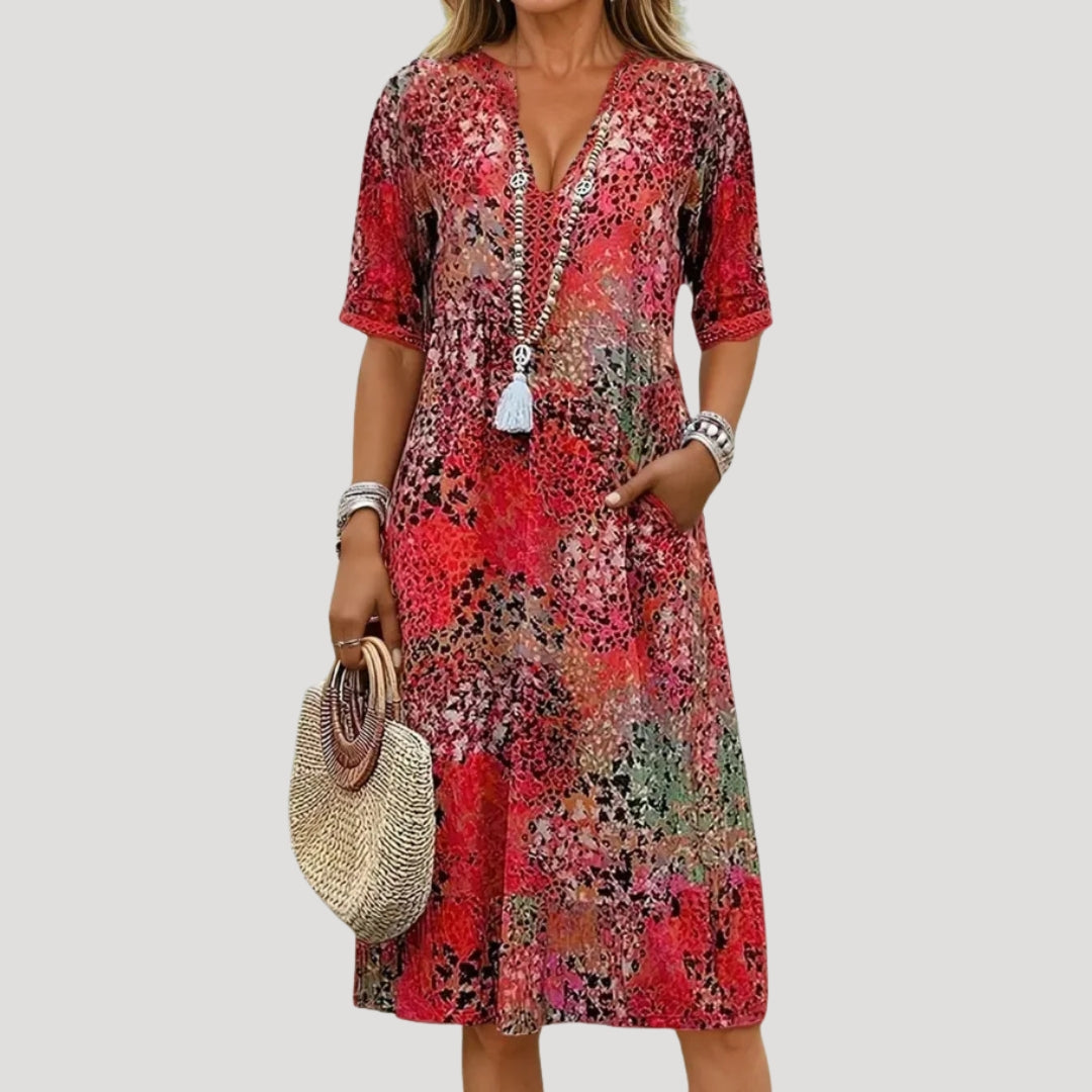 Women’s v neck printed short sleeve midi dress
