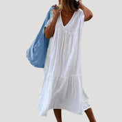 Women’s linen cotton v neck tiered midi dress
