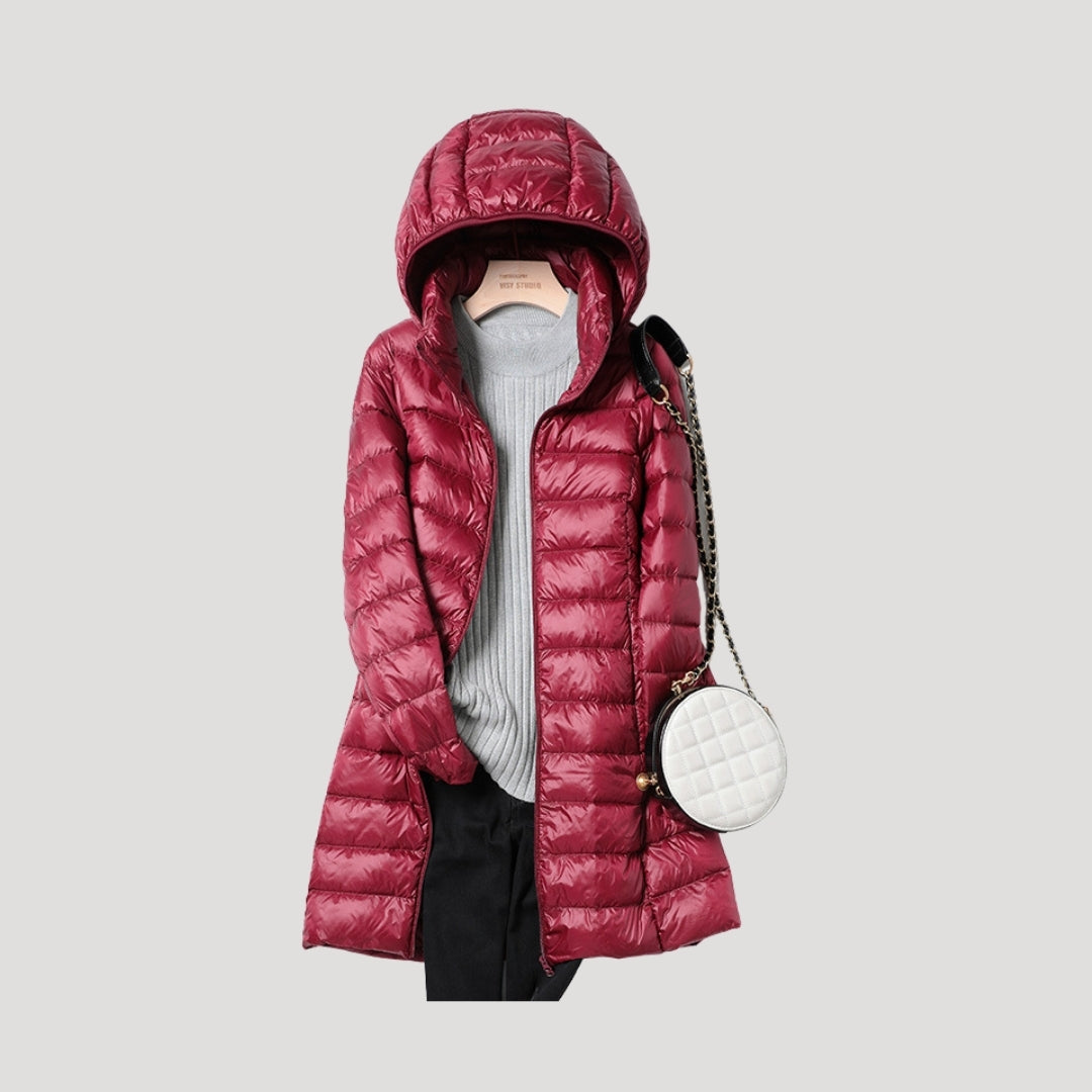 Women’s long padded winter puffer jacket with hood