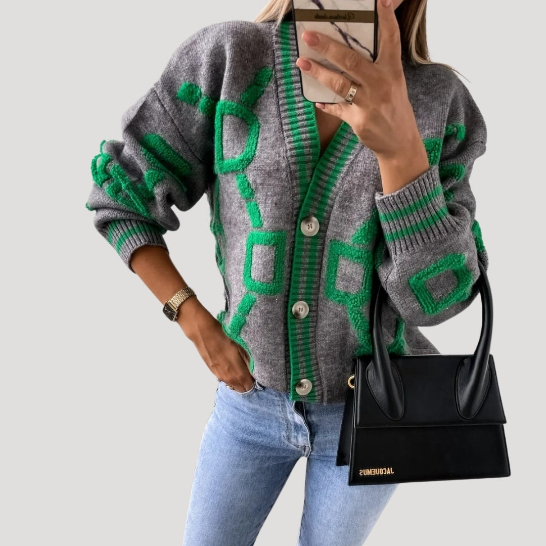 Women’s chunky knit oversized graphic button up cardigan