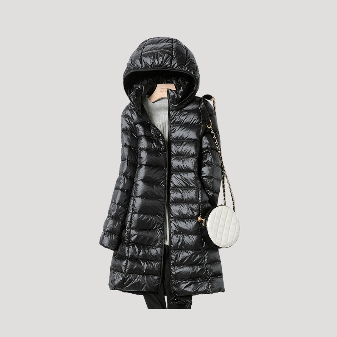 Women’s long padded winter puffer jacket with hood