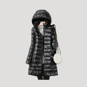 Women’s long padded winter puffer jacket with hood