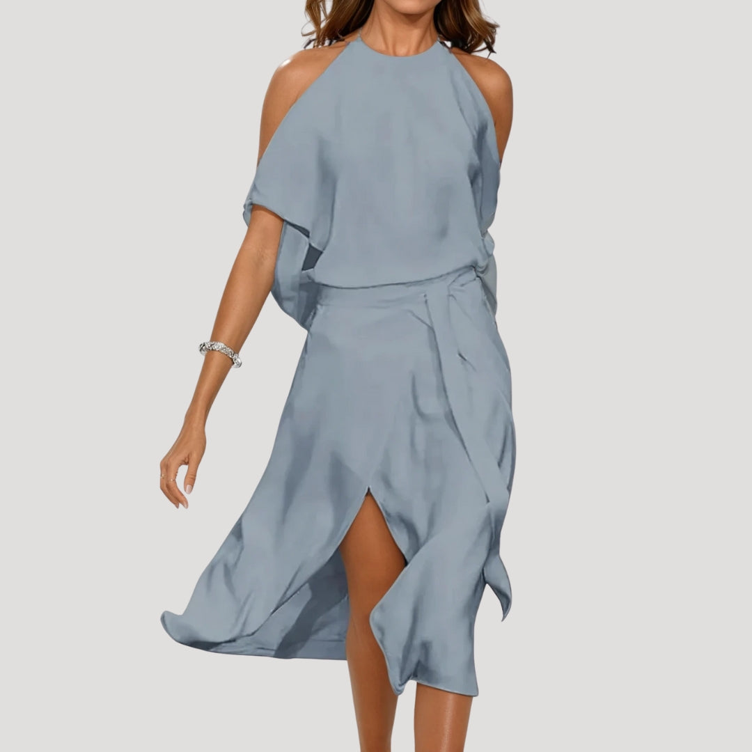 Women’s halterneck wrap midi wedding guest dress