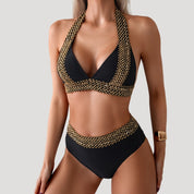 Embellished halter bikini with gold trim