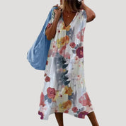 Women’s linen cotton v neck tiered midi dress