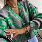 Women’s chunky knit oversized graphic button up cardigan