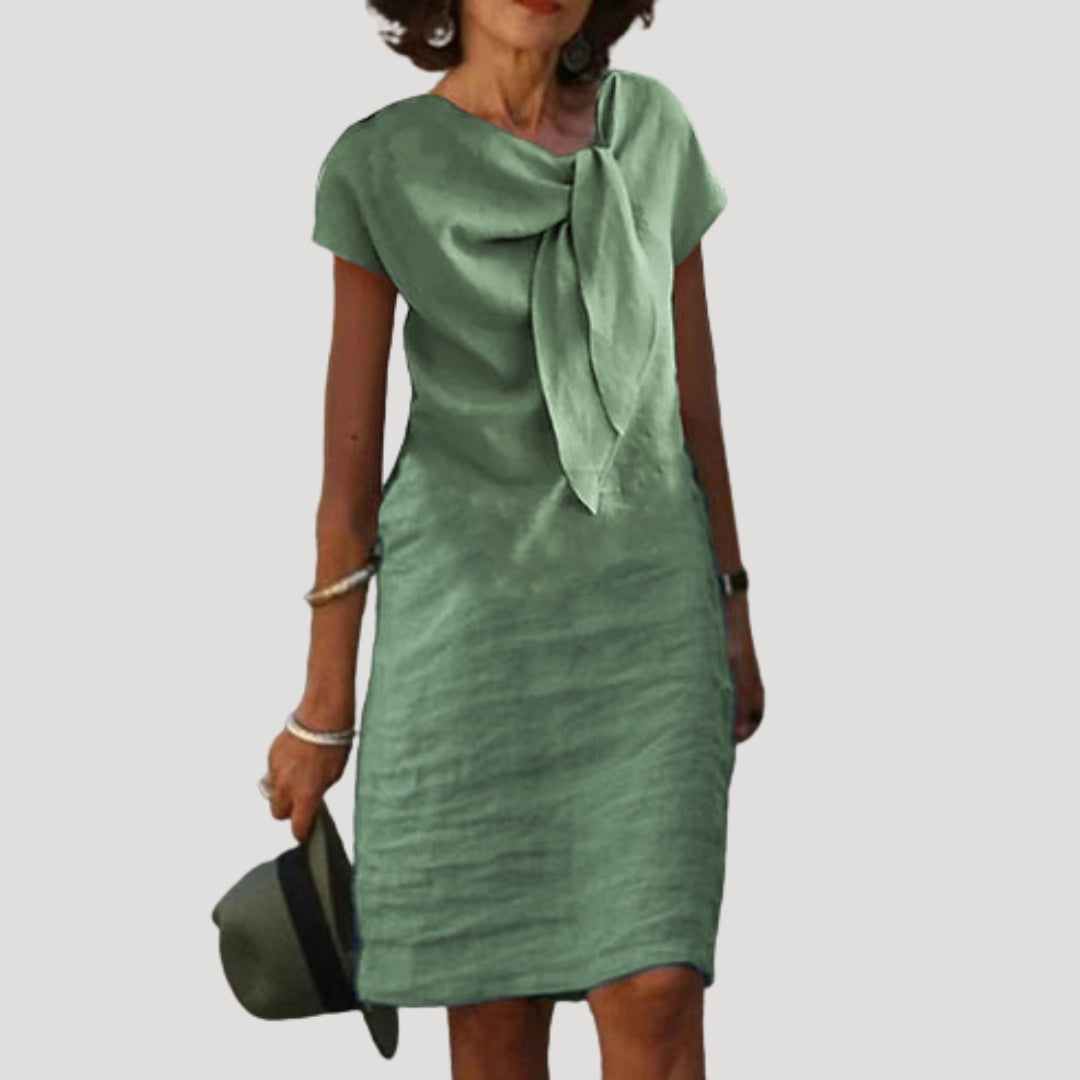 Women’s linen tie neck short sleeve midi dress