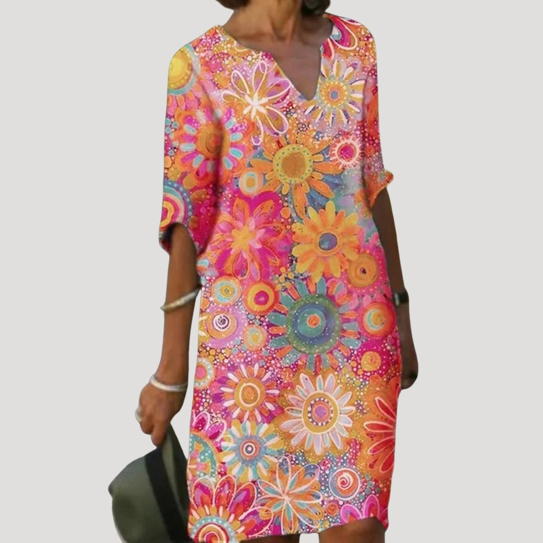 Womens mini dress casual floral v neck loose fit