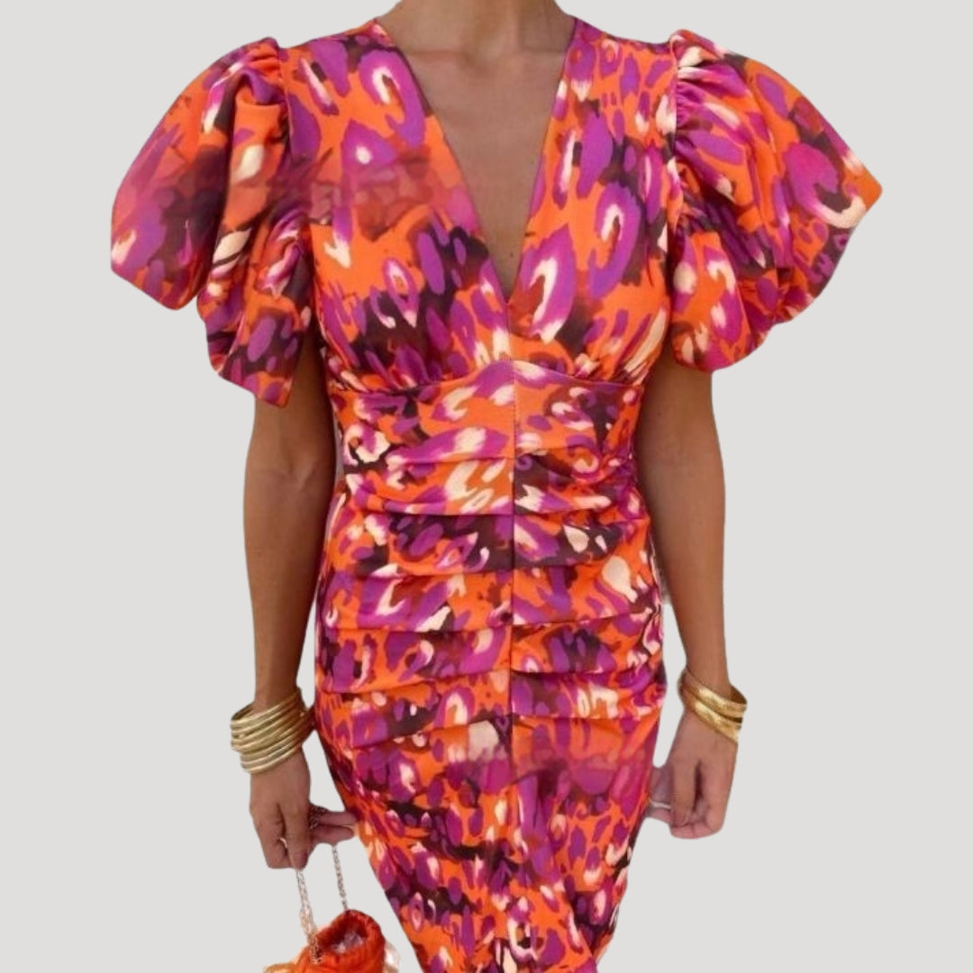 Women’s puff sleeve ruched v neck midi dress