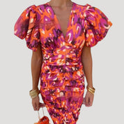 Women’s puff sleeve ruched v neck midi dress