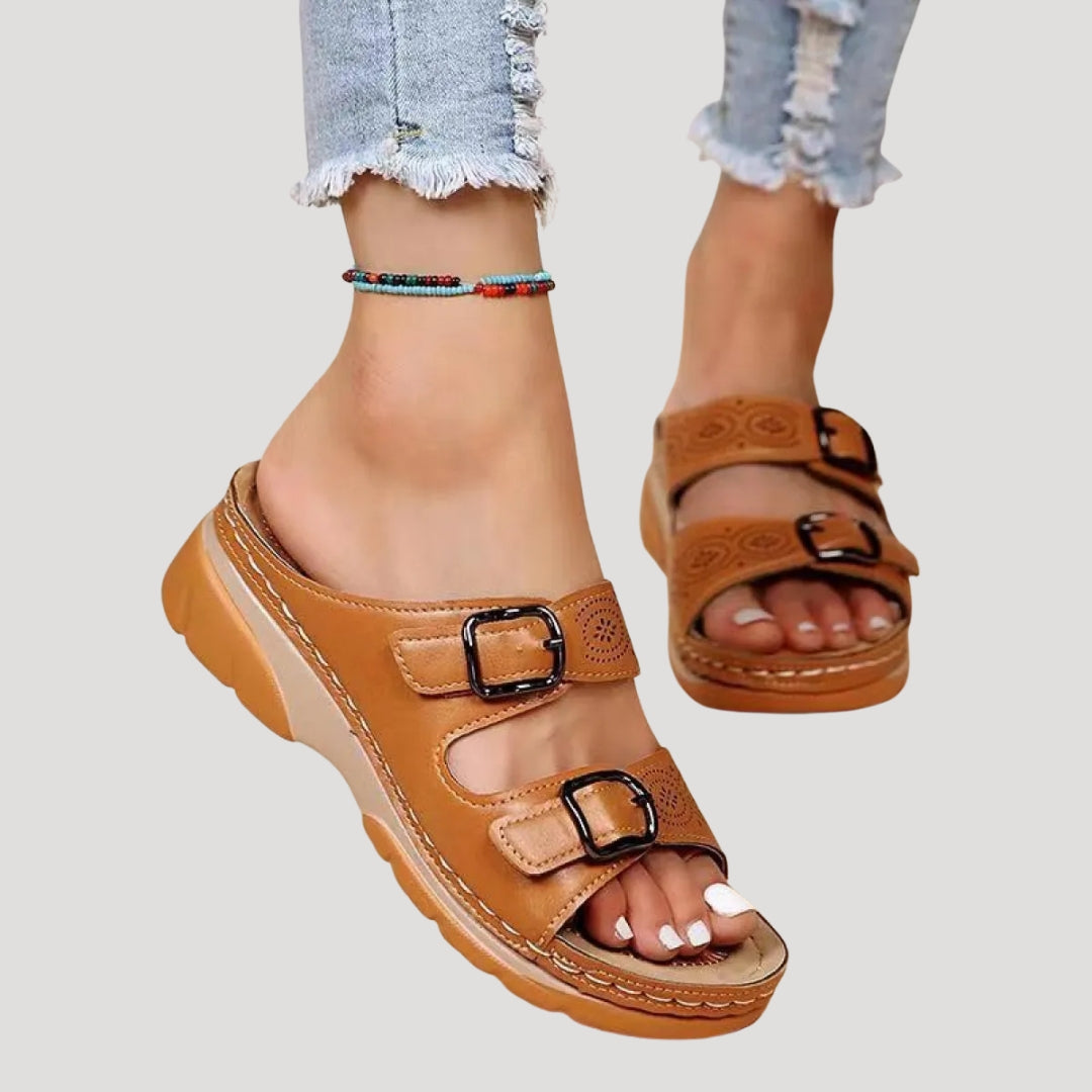 Women’s buckle walking slip on flat sandals