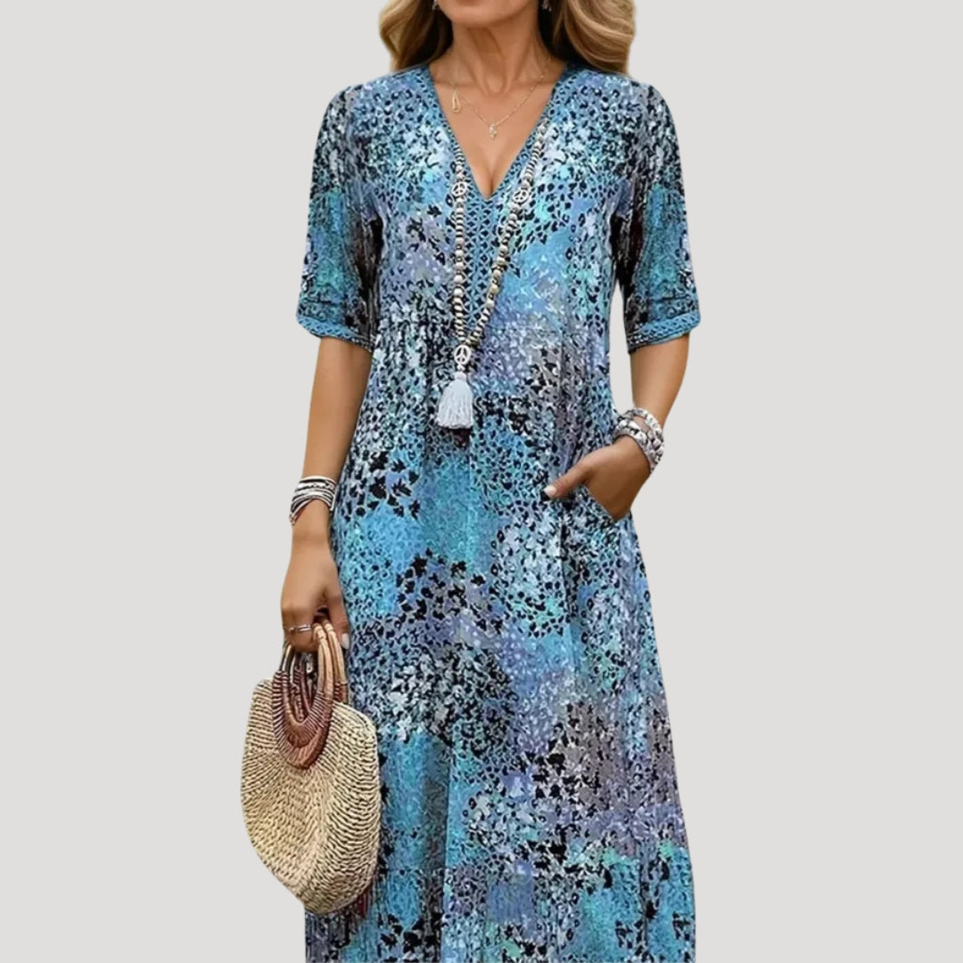 Women’s v neck printed short sleeve midi dress