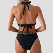 Embellished halter bikini with gold trim