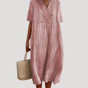 Women’s linen v neck short sleeve midi dress