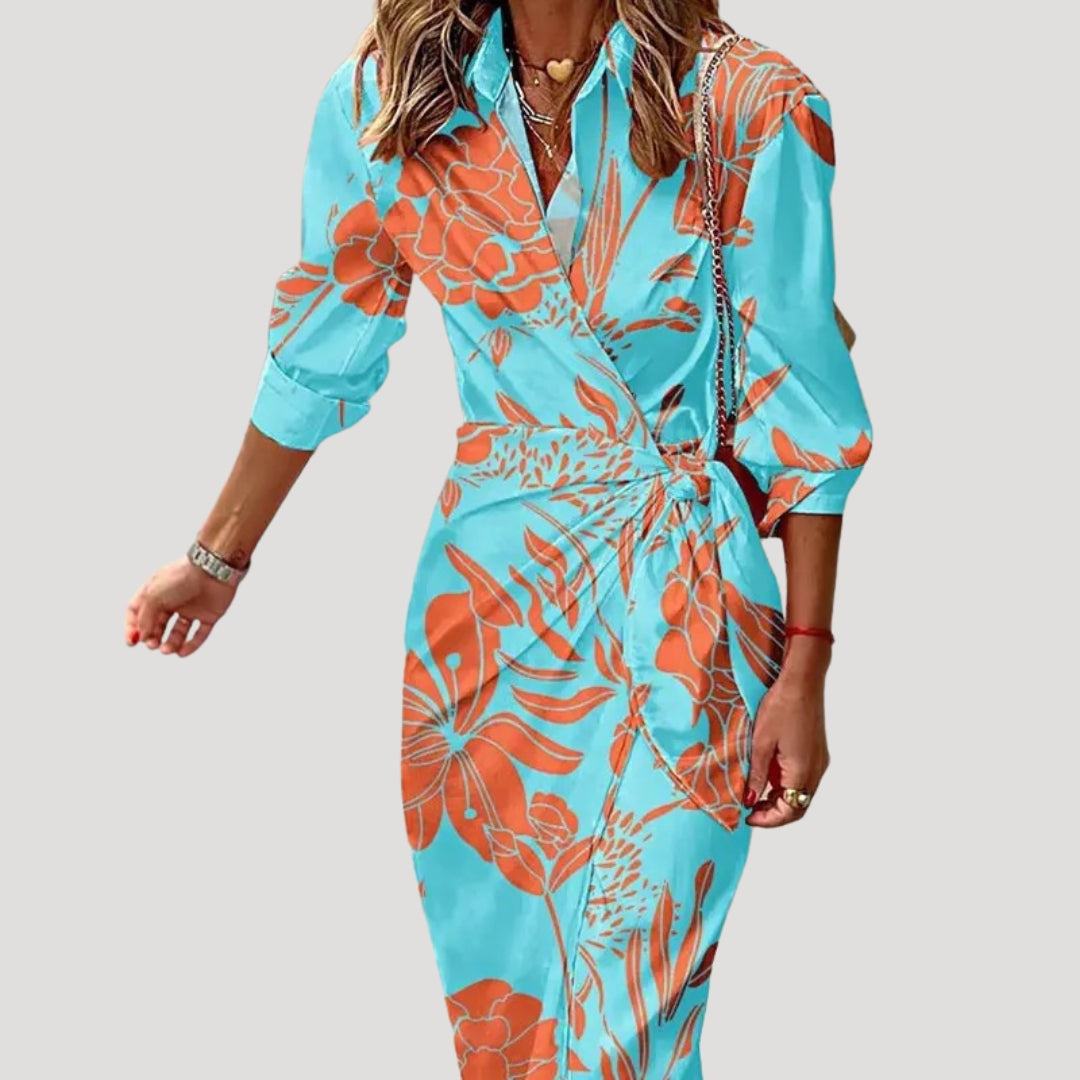 Women’s printed wrap long sleeve midi dress