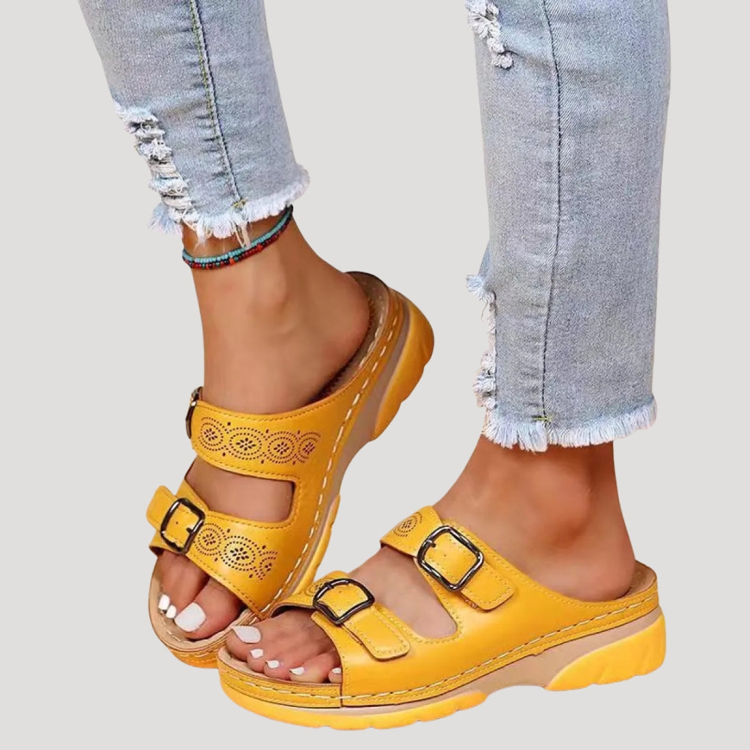 Women’s buckle walking slip on flat sandals