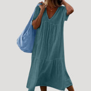 Women’s linen cotton v neck tiered midi dress