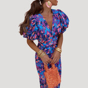 Women’s puff sleeve ruched v neck midi dress